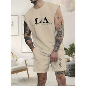 Conjunto Regata Machão L A Los Angeles Camiseta Camisa Masculina Bermuda Moletom com Bolso Algodão Esporte Casual