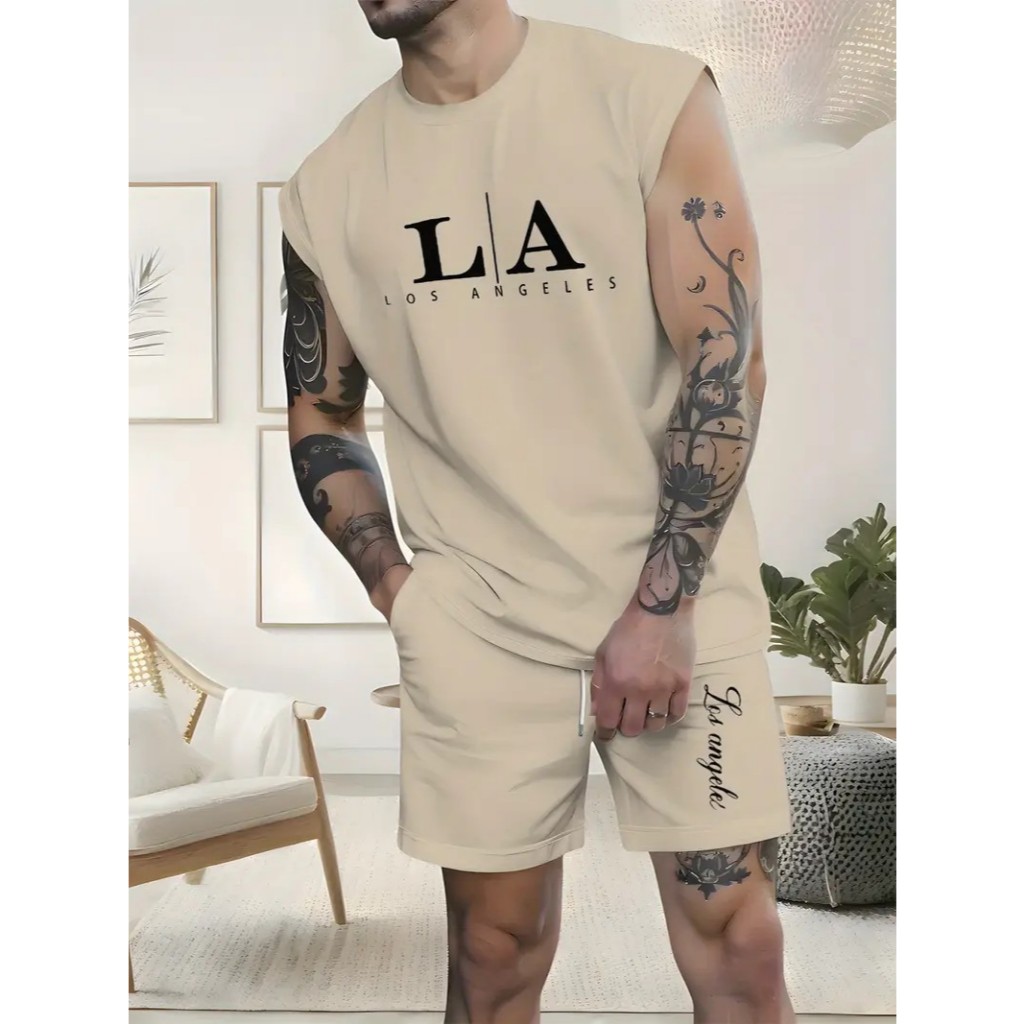 Conjunto Regata Machão L A Los Angeles Camiseta Camisa Masculina Bermuda Moletom com Bolso Algodão Esporte Casual
