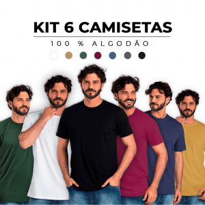 Kit 6 Camisetas Básicas Masculina 100% Algodão Cores Tendência Reforço Ombro a Ombro - Camiseta Masculina Moda Casual