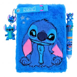 Kit Caderno Pelúcia Stitch Caneta 10 Cores E Chaveiro Promo
