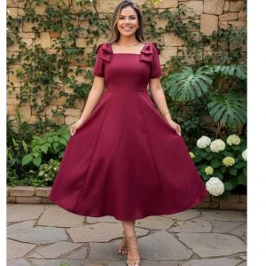 Vestido Feminino Duna Linho plus Size Com Manga E Laço No Ombro, Elastex Na Costa Tem Bojo E Forrado